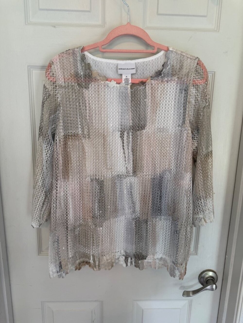Alfred Dunner Green Mesh Sequin Embellished Mesh Long Sleeve Blouse Medium
